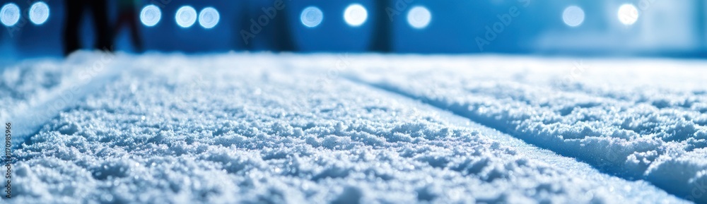 Poster close-up of snow texture with blurred background showing lights and human figures.