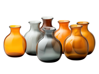 Vibrant handcrafted Murano glass vases in amber and gray on white background from Venice Italy