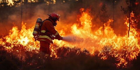 A firefighter puts out a fire in the forest