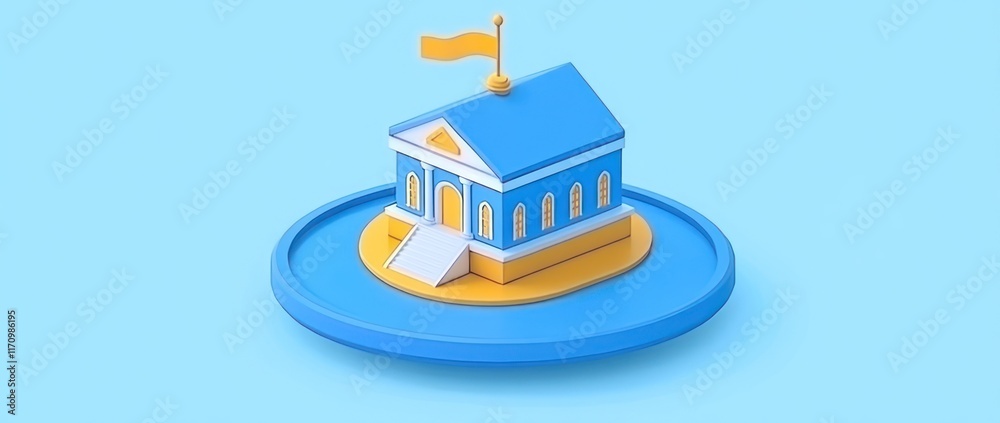 Poster Isometric 3D rendering of a small blue building with a yellow base and flag on a blue platform.