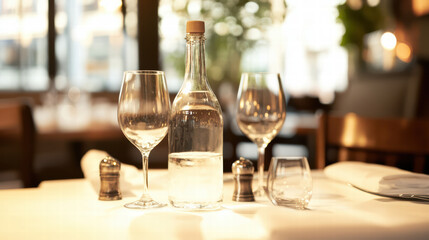 Bottled water on restaurant table with elegant glassware and condiments, creating inviting dining atmosphere