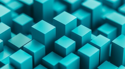 Obraz premium A minimalist 3D background with turquoise blue cubes in an isometric arrangement, showcasing clean lines and an abstract design. The high-resolution capture emphasizes the sharp details.