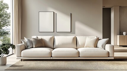 A modern, open-plan living room with a sleek sofa and neutral color palette, 3D rendered for mock-up.