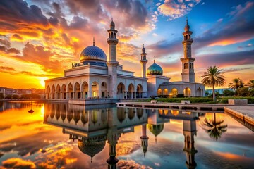 Naklejka premium Majestic Mosque at Sunset: Islamic Flyer, Social Media & Print Template
