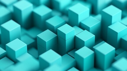 Obraz premium A minimalist 3D background with turquoise blue cubes in an isometric arrangement, showcasing clean lines and an abstract design. The high-resolution capture emphasizes the sharp details.