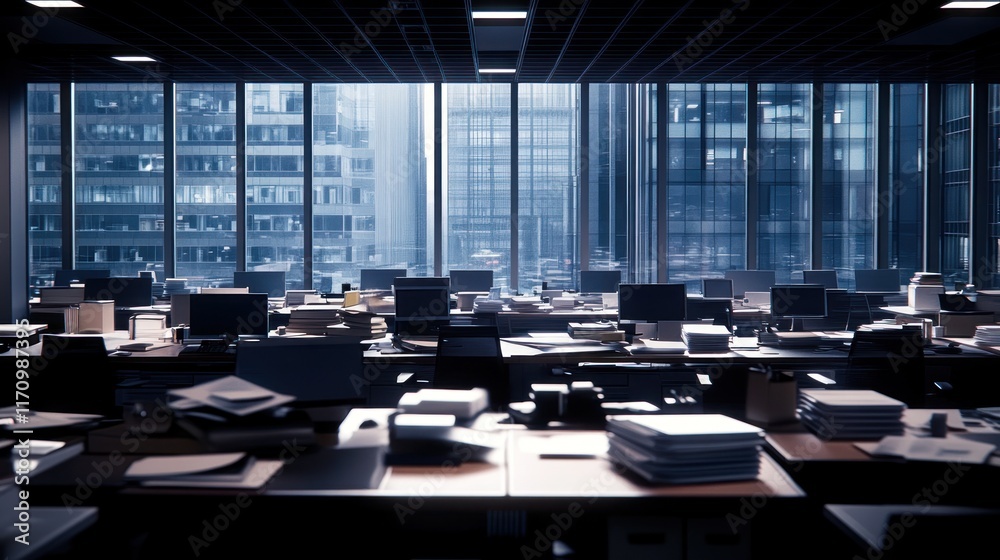 Poster empty modern office with city view, desks and computers.