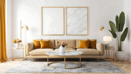 Modern home living room interior. Mock up poster frame in Scandinavian style interior.