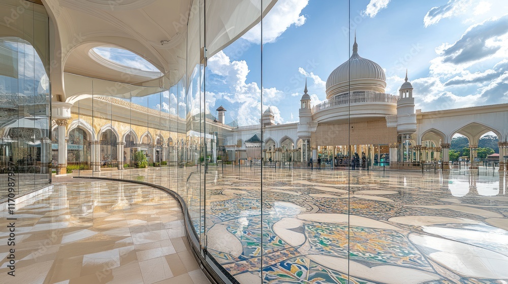 Poster modern glass-walled building showcasing a beautiful mosque courtyard with intricate tilework and a d