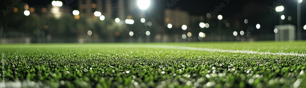 Aufkleber close-up view of artificial turf at night, illuminated by stadium lights in the blurred background.