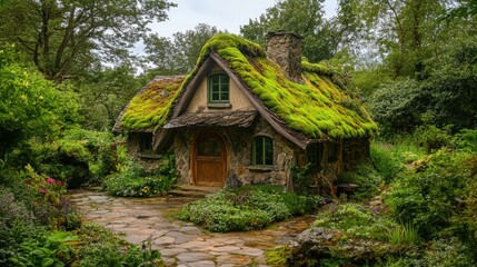 Moss Covered Stone Cottage Nestled In Lush Green Foliage