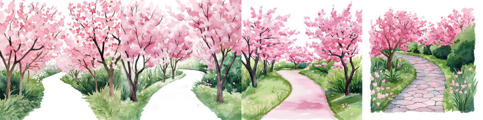 Enchanting Pink Blossom Trees Lining a Winding Pathway in a Serene Garden Landscape