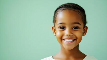 smiling african american girl with braided hair posing against soft green background, childhood happiness, banner