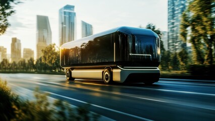 futuristic electric truck driving through a green cityscape at sunrise, representing innovation, sustainability