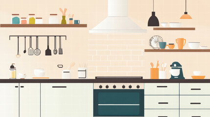 Chic kitchen with minimalist design featuring essential equipment, open shelves, and modern appliances. perfect blend of functionality and style for culinary enthusiasts