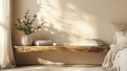 Minimalist beige bedroom with a floating wooden shelf.