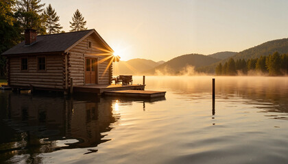 Fototapeta premium Cozy log cabin at sunrise by serene lake, peaceful retreat