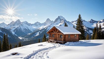 Traditional log cabin in snowy mountains, winter tranquility