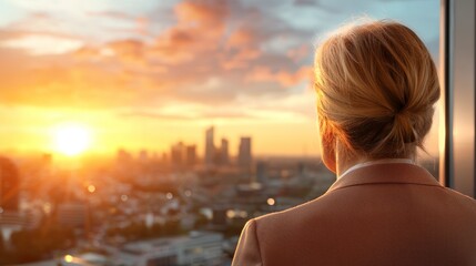 A woman looking out a window at the city at sunset