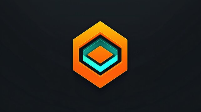 A modern game badge featuring a symmetrical square design in vibrant orange and teal on a solid black background. The high brightness and vector clarity enhance the design's contemporary look.