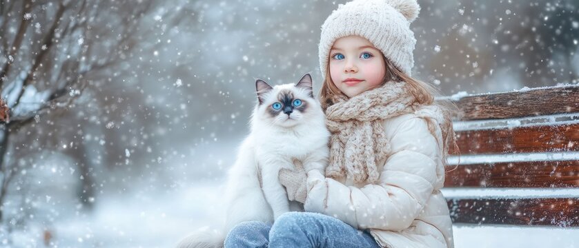 Cute girl and cat in snowy park.