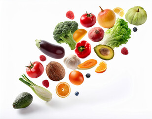 Different fresh fruits and vegetables in air on white background