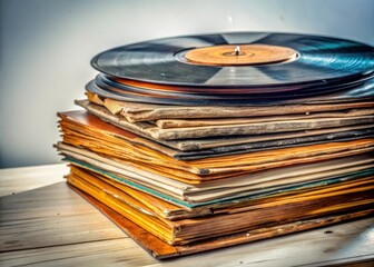 A nostalgic stack of vintage vinyl records evokes classic albums and analog sound, a cherished music history.