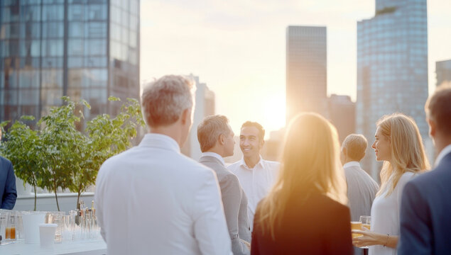 Group of professionals networking during sunset on rooftop in urban setting