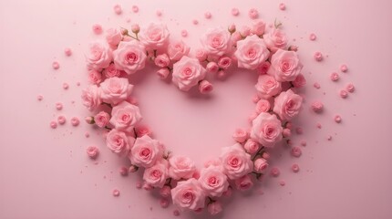 Obraz premium A heart shape formed by delicate pink roses on a soft pink background, creating a romantic and elegant composition. Valentine's Day,