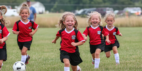 Obraz premium Young children joyfully playing soccer in a grassy outdoor field