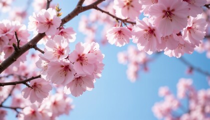 Obraz premium Blooming cherry blossoms under clear blue sky