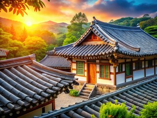 Naklejka premium A picturesque Asian home design: a hanok nestled in a rural landscape, its roof tiles a testament to Korean architecture.