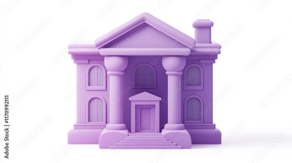 Poster Purple 3D model of a classical building with columns, steps, and a chimney, isolated on white background.