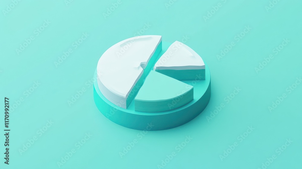 Fototapete 3d render of a pastel teal pie chart divided into three sections, illustrating data visualization an