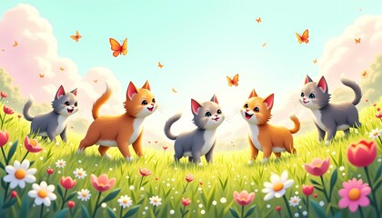 Naklejka premium Group of kittens playing on a sunny meadow