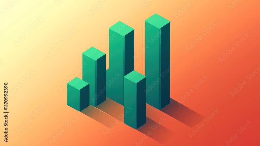 Poster isometric green bars graph on gradient background.