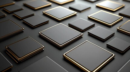 Black and gold squares on textured surface, abstract background, web buttons.