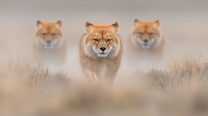 Fototapeta premium A group of three foxes walking through a field of tall grass