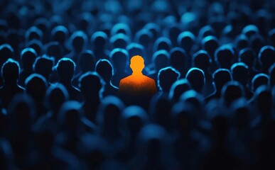 Glowing person stands out in a crowd of dark figures.