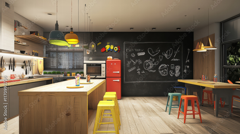 Wall mural modern family kitchen featuring chalkboard wall, colorful decor, and playful elements. space includes large wooden island, vibrant stools, and stylish lighting