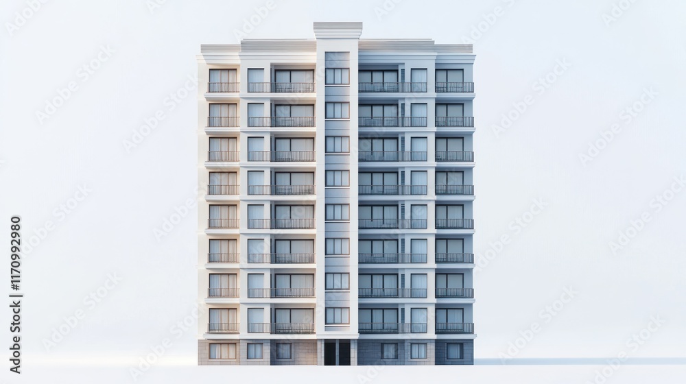 Poster modern apartment building architectural rendering, isolated on white background.