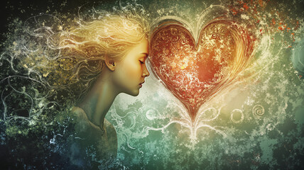 Fototapeta premium a girl is looking at a heart with the words love in the background.