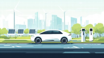 Eco-Friendly Car in City with Renewable Energy Sources