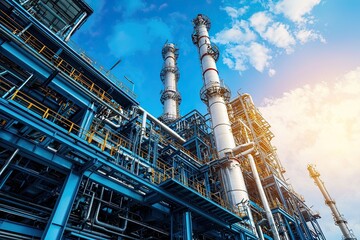 industrial plant with steel pipes and air tubes, illuminated by LED lights. The scene is captured from ground level