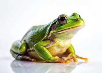 Obraz premium A realistic, close-up image of a solitary green frog, meticulously captured against a pure white backdrop.