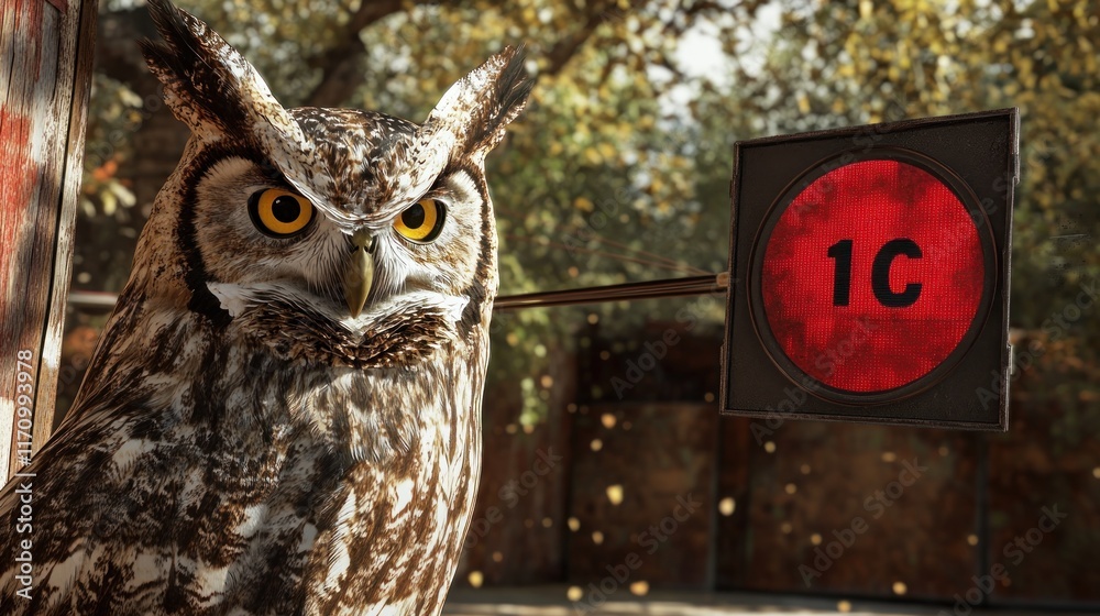 Poster close-up of a majestic owl with intense gaze, perched near a red sign displaying 