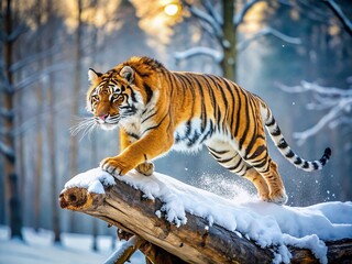 Obraz premium Majestic Tiger Leaps Over Snow-Covered Log in Winter Wonderland - Tilt-Shift Photography