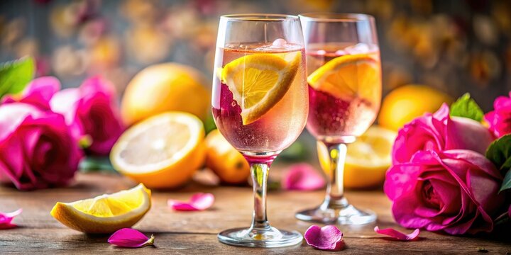A refreshing summer Sparkling Rose Spritz, garnished with rose petals and a lemon twist.  Beautiful pink cocktail photo.
