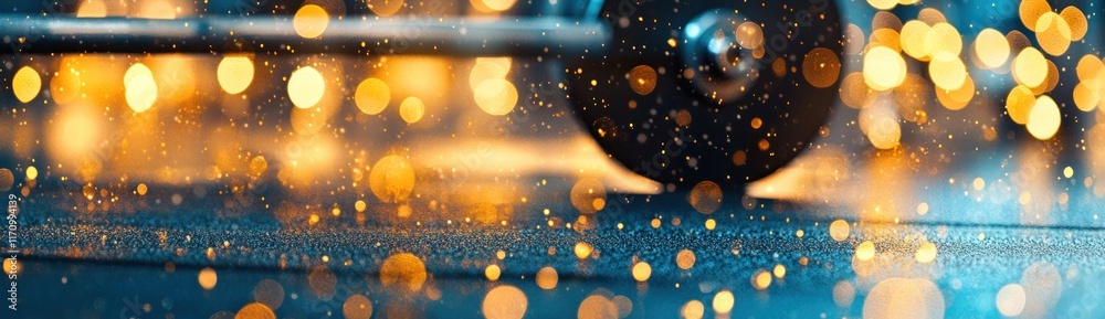 Poster abstract bokeh lights, blurred background with golden sparkles and dark blue tones.