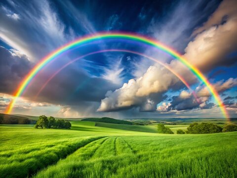 Majestic Triple Rainbow Arcing Over Lush Landscape - Stunning Nature Photography