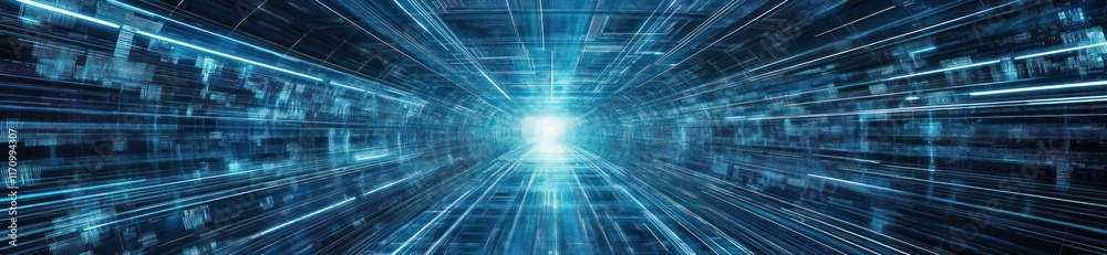 Poster Abstract digital tunnel with glowing light at the end.